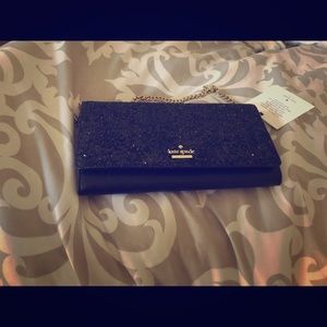 Kate spade milou glitter blk clutch w chain strap
